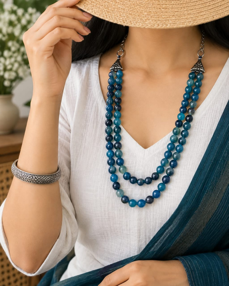 Image of Handcrafted Double-Strand Blue Tiger Eye Smooth Round Beaded Necklace