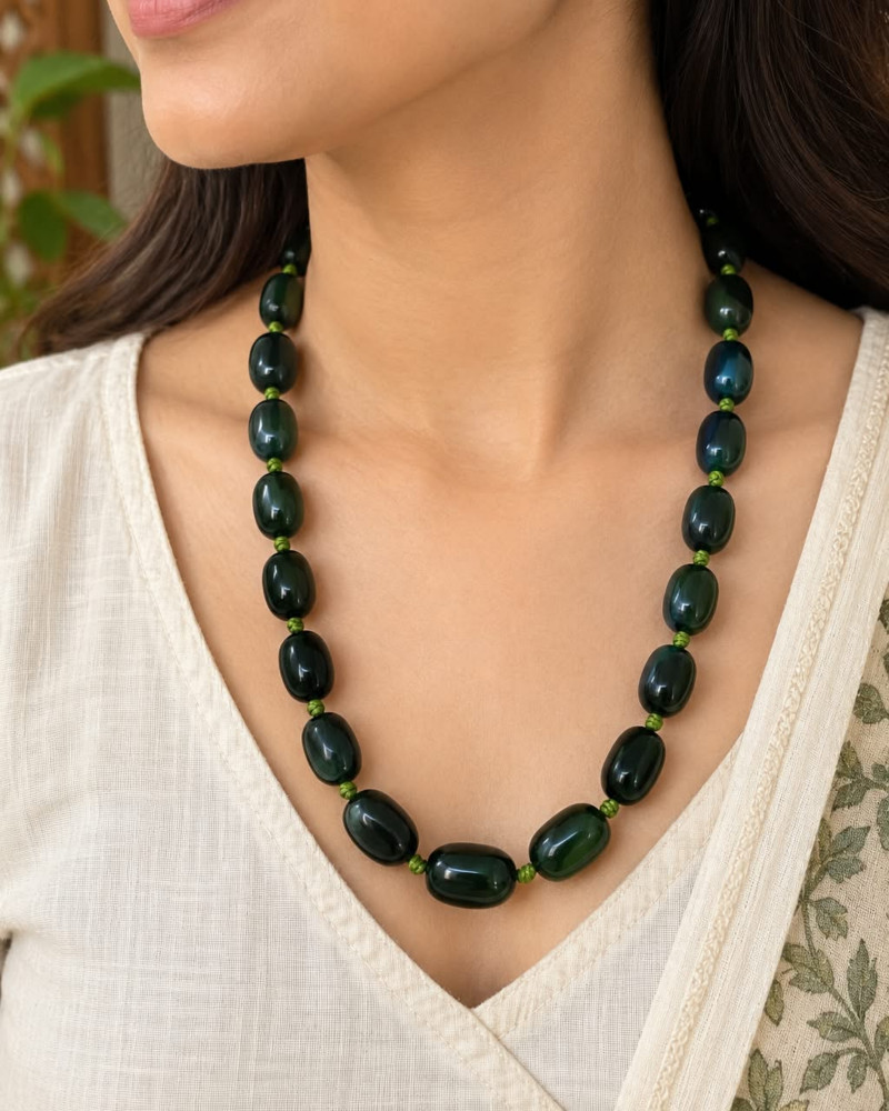 Image of Handcrafted Single-Strand Dark Green Jade Smooth Oval Beaded Necklace