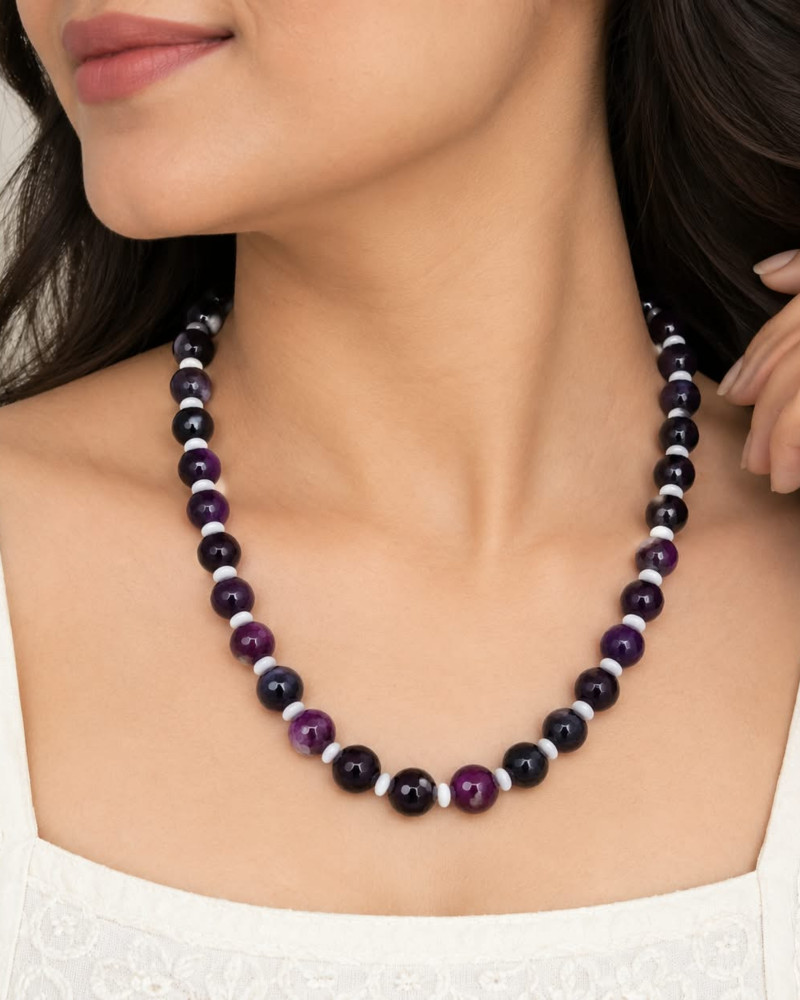 Image of Handcrafted Single-Strand Natural Faceted Amethyst &amp; White Spacer Beaded Necklace