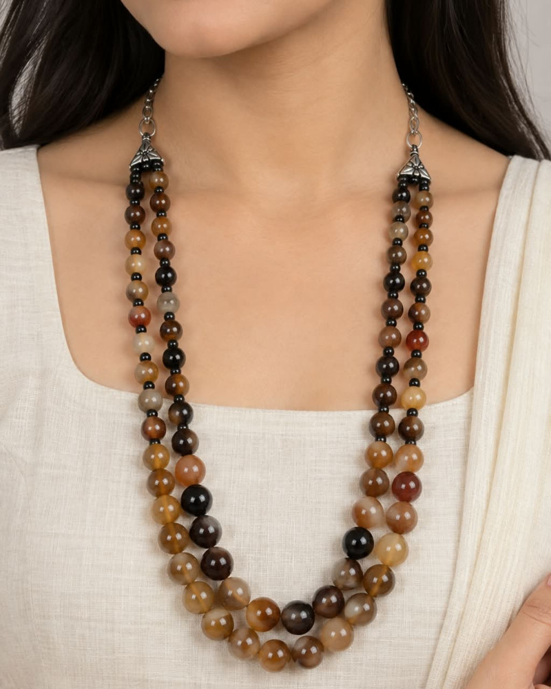 Image of Handcrafted Double-Strand Natural Earth Tone Banded Agate Smooth Round Beaded Necklace