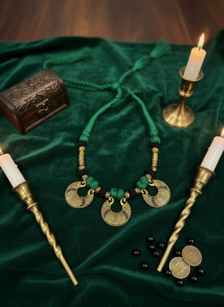 Image of Antique Gold-Plated Chandbali Choker with Emerald Green Fabric Beads