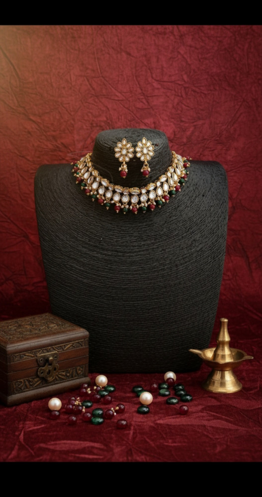 Image of Antique Gold Plated Kundan Choker Necklace Set with Ruby &amp; Emerald Beads and Matching Floral Studs