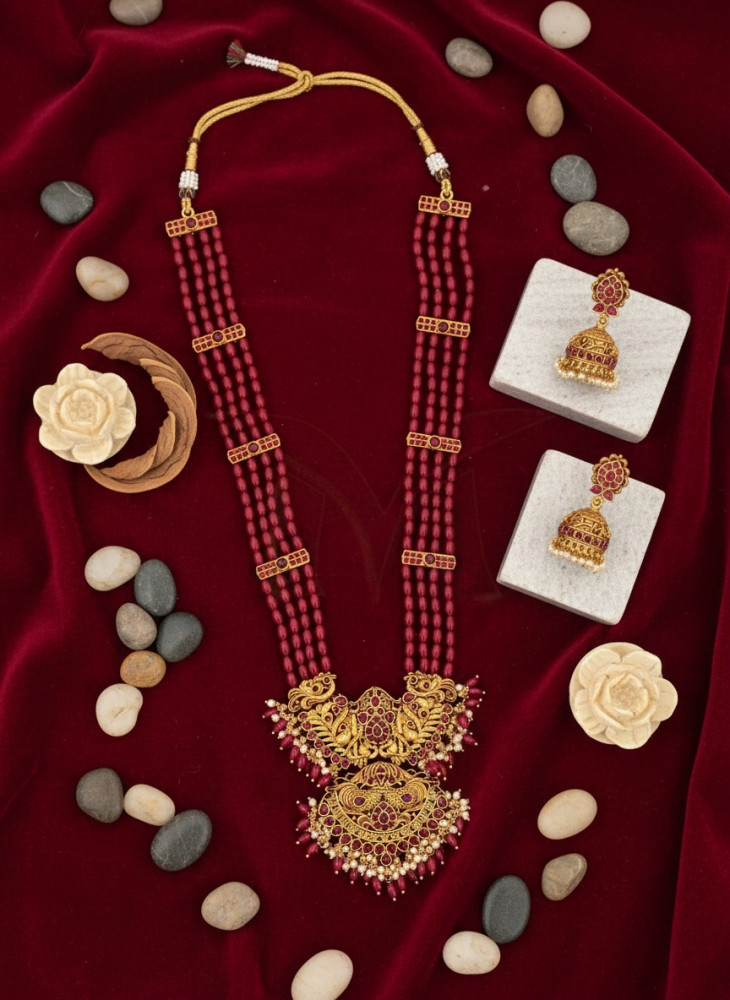 Image of Antique Gold-Plated Lakshmi Temple Jewellery Set – Ruby Bead Long Necklace