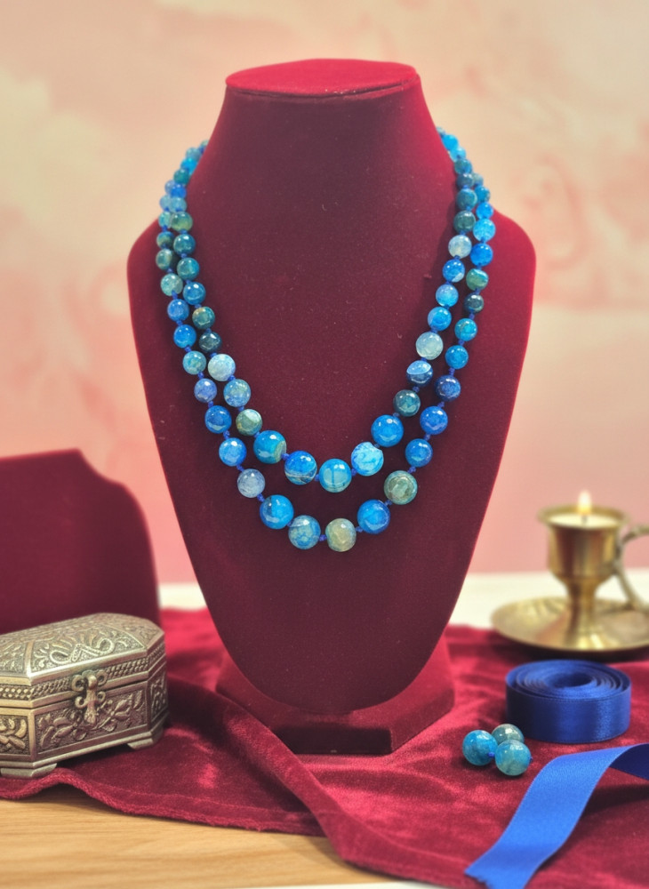 Image of Azure Blue Double-Strand Agate Necklace – Elegant Handcrafted Layered Beaded Mala