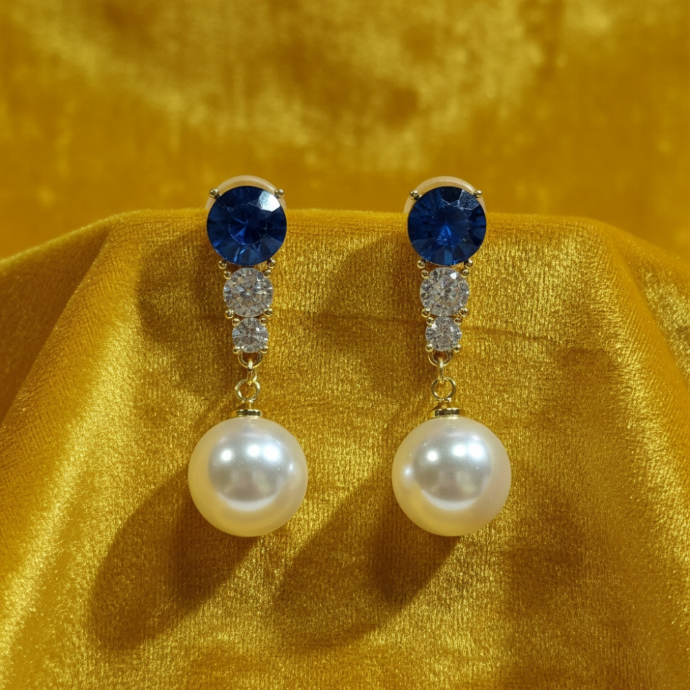 Image of Azure Elegance: Sapphire Blue Crystal &amp; Pearl Drop Earrings