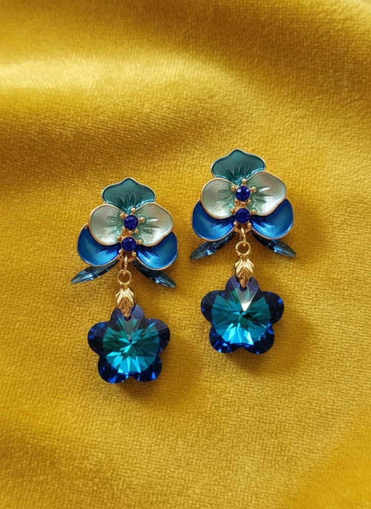 Image of Azure Orchid: Enamel Flower &amp; Crystal Butterfly Drop Earrings