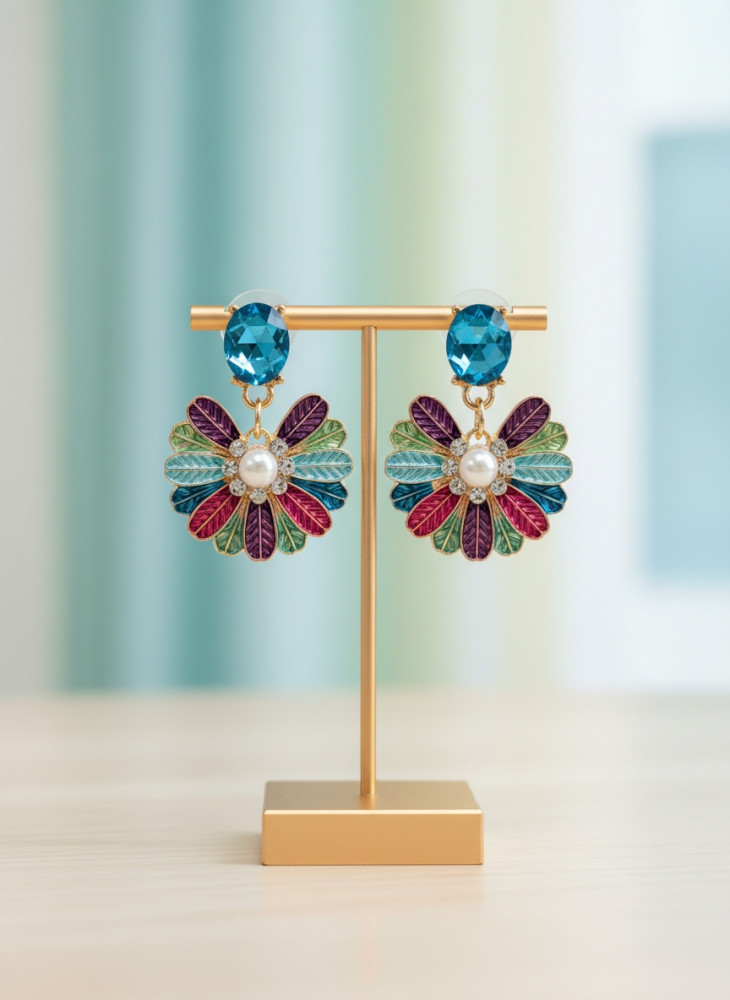 Image of Azure Petal: Multicolor Enamel Floral &amp; Pearl Drop Earrings