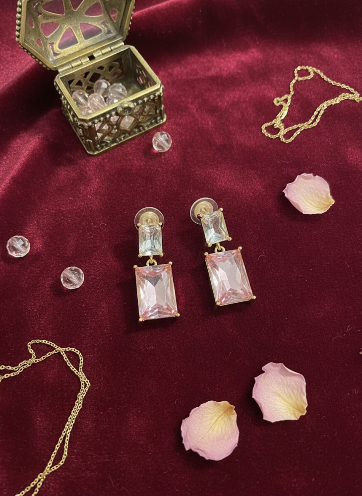 Image of Blush Bloom: Emerald-Cut Peach Crystal Drop Earrings