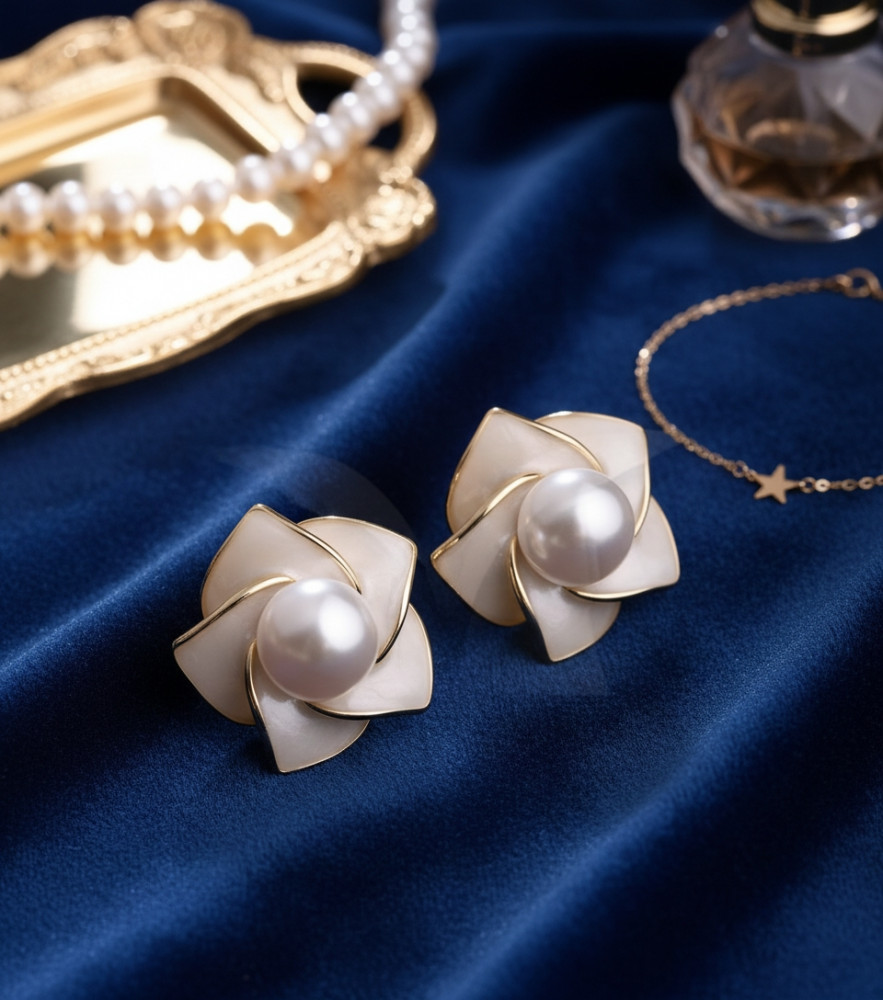 Image of Elegant Floral Pearl Studs – Handcrafted White Petal Statement Earrings