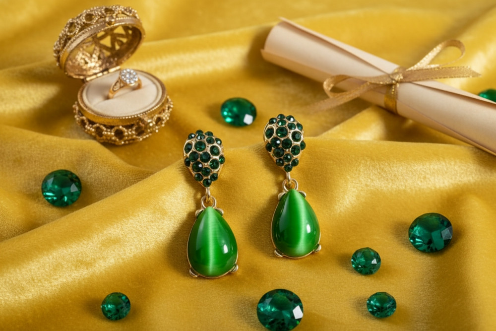 Image of Emerald Mystique: Green Teardrop Earrings with Pavé Crystal Accents