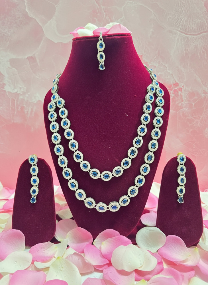 Image of Emerald Radiance: Rhodium-Plated Two-Layered AD Necklace Set