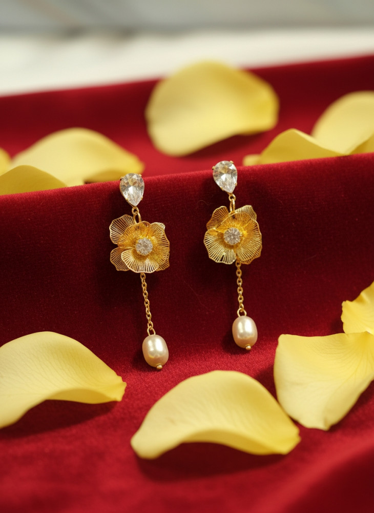 Image of Ethereal Blossom: Gold Floral Drop Earrings with Lustrous Pearl Accents