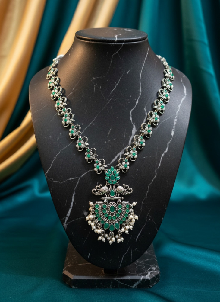 Image of Ethnic Antique Silver-Plated Necklace – Green Floral Motif with Pearl Bunches