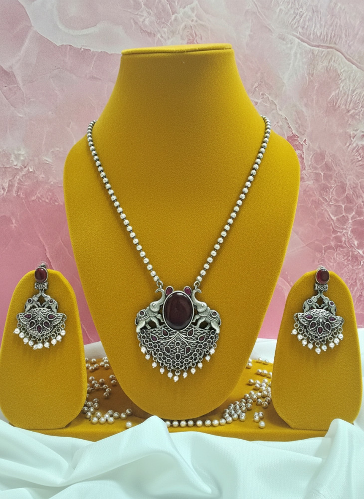Image of Ethnic Handcrafted Peacock Motif Necklace &amp; Drop Earrings Jewelry Set