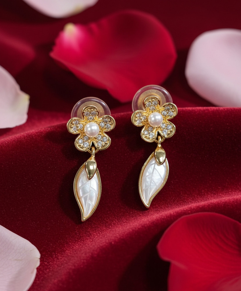 Image of Gilded Bloom &amp; Iridescent Leaf: Pearl Accented Drop Earrings