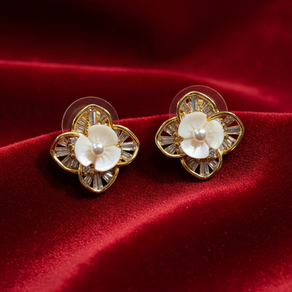 Image of Gilded Bloom: Lustrous Pearl &amp; Gold Petal Stud Earrings