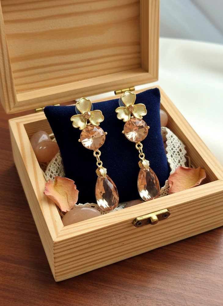 Image of Gilded Nectar: Champagne Crystal Floral Teardrop Earrings