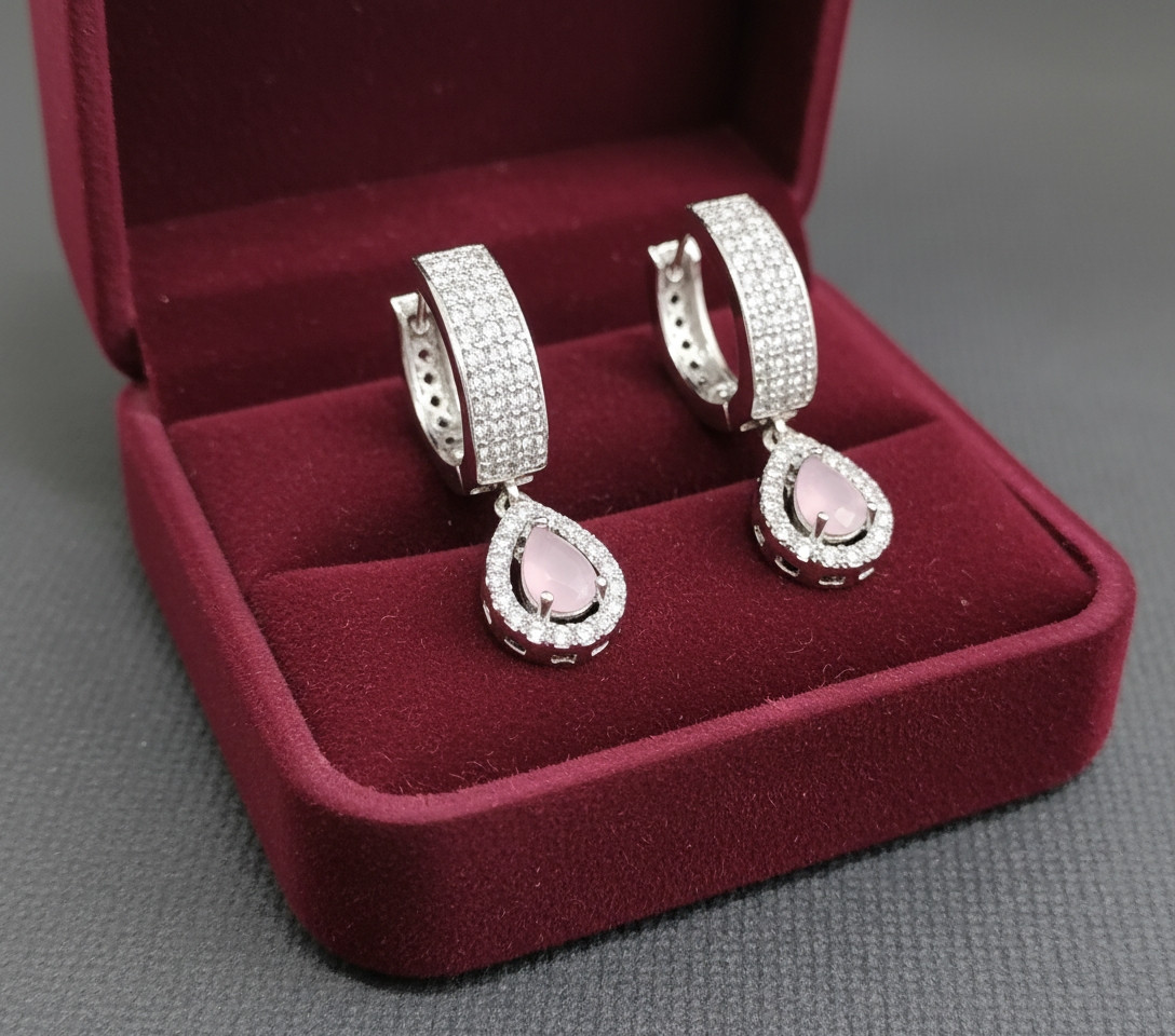 Glistening Petal: Pavé Crystal & Rose-Tinted Drop Hoops