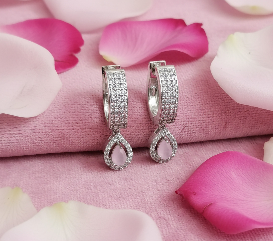 Glistening Petal: Pavé Crystal & Rose-Tinted Drop Hoops