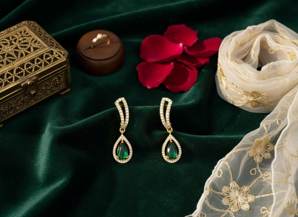 Image of Gold-Plated American Diamond Drop Earrings with Emerald-Tone Teardrop