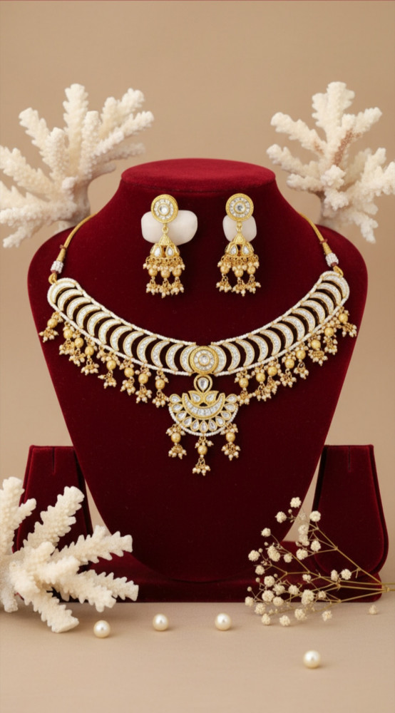 Image of Gold Plated Crescent Link Choker Necklace Set with Floral Charms and Matching Bell-Drop Earrings