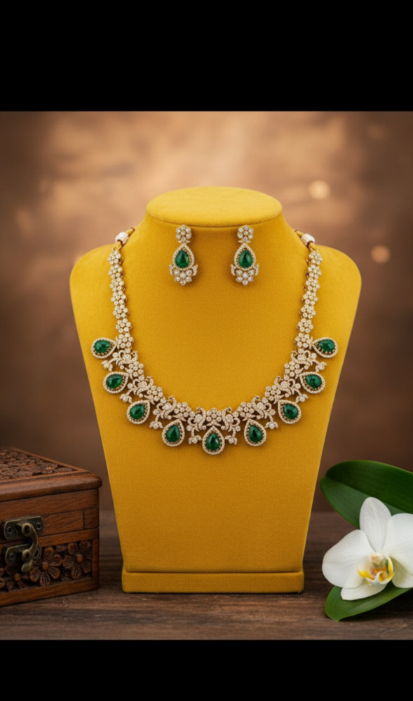 Image of Gold Plated Emerald Green Teardrop Necklace Set with Shimmering White AD Accents and Matching Stud Earrings
