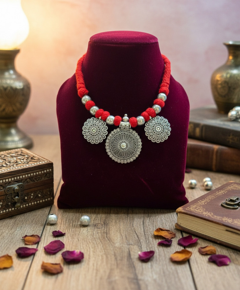 Image of Handcrafted Afghani-Style Filigree Necklace – Red &amp; Silver Tribal Jewelry