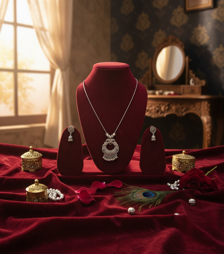 Image of Handcrafted Floral Wreath Pendant for Evening Wear – Necklace &amp; Earring Set