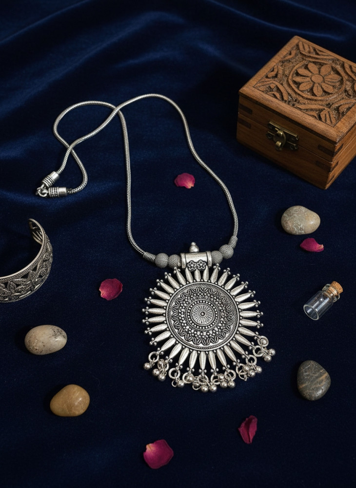 Image of Handcrafted Oxidized Silver Necklace – Vintage Sunburst Design