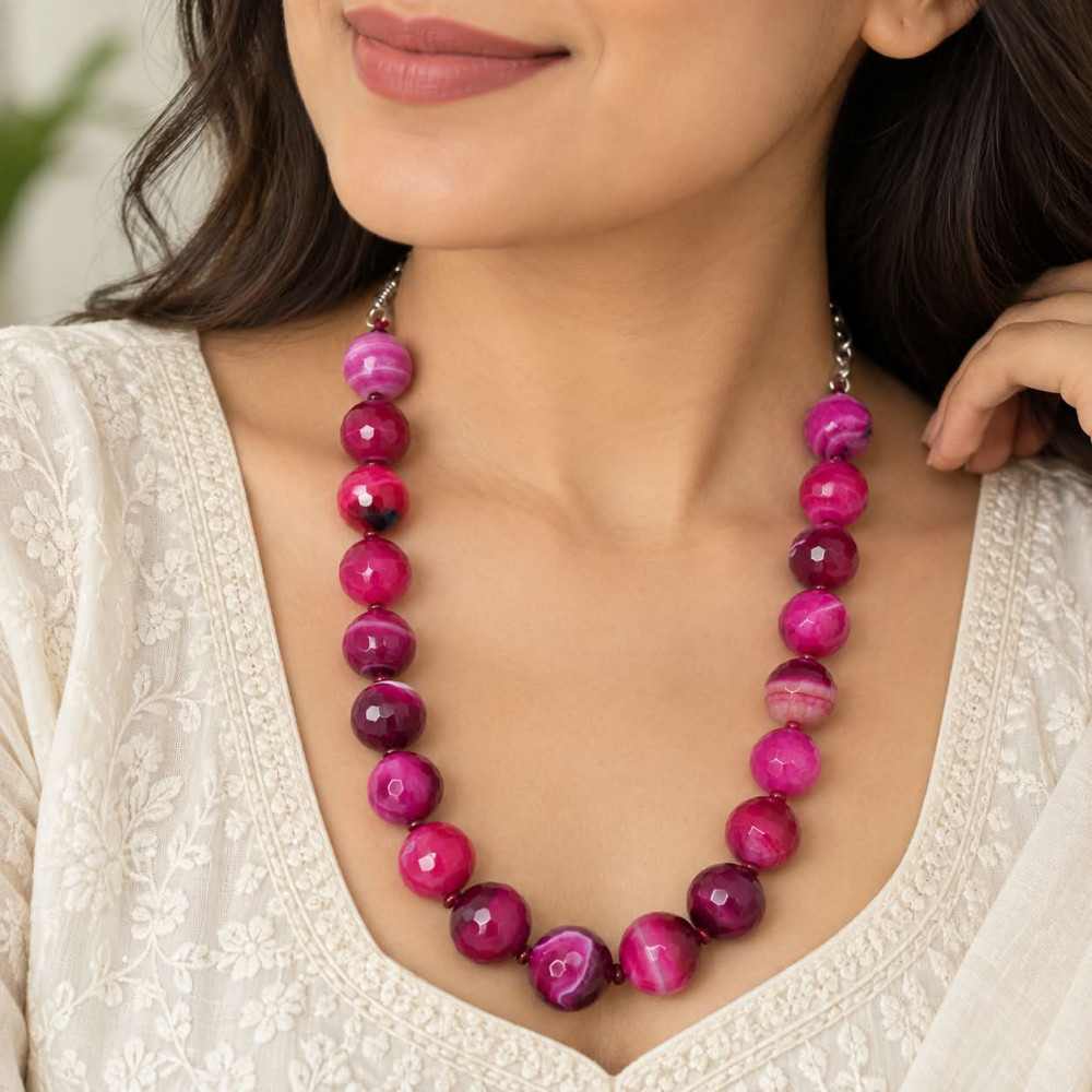 Image of Handcrafted Fuchsia Pink Agate Faceted Statement Beaded Necklace