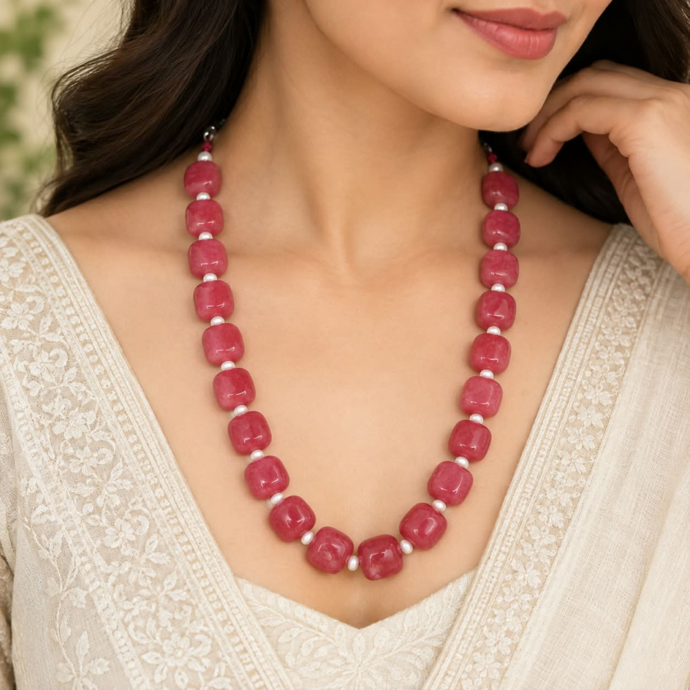 Image of Handcrafted Watermelon Pink Jade Cushion Cut Beaded Necklace with Pearl Spacers