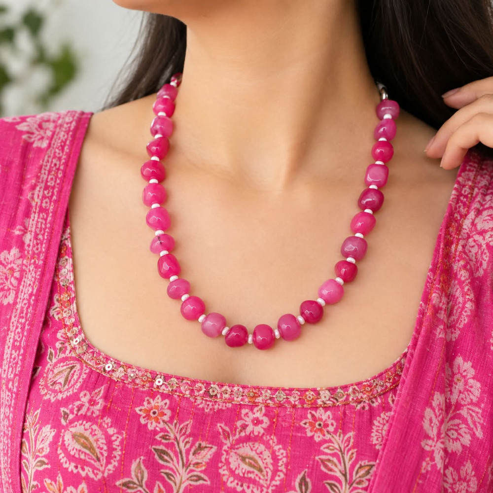 Image of Handcrafted Tumbled Hot Pink Agate Pebble Beaded Necklace with Pearl Spacers