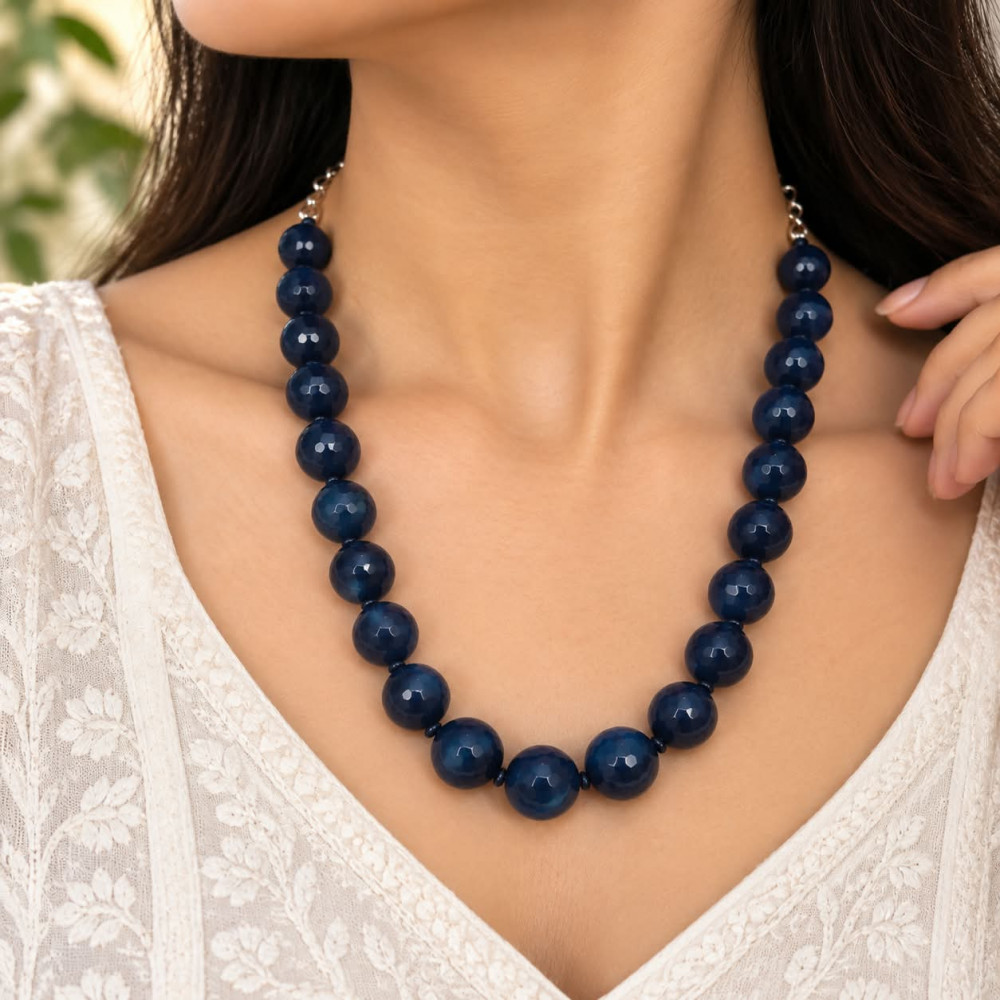 Image of Handcrafted Midnight Navy Blue Onyx Faceted Beaded Necklace (16mm)
