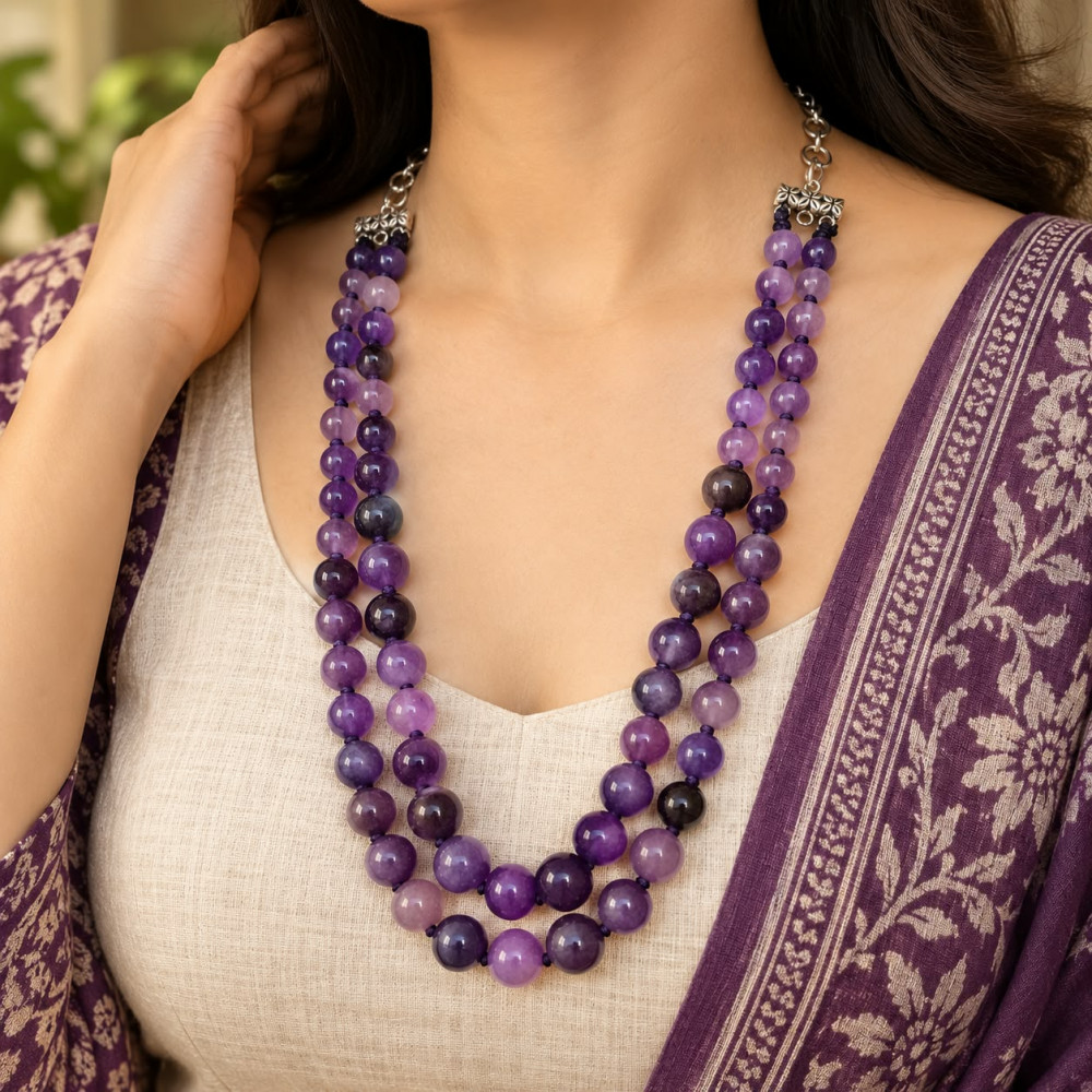 Image of Handcrafted Double-Strand Natural Amethyst Smooth Round Beaded Necklace