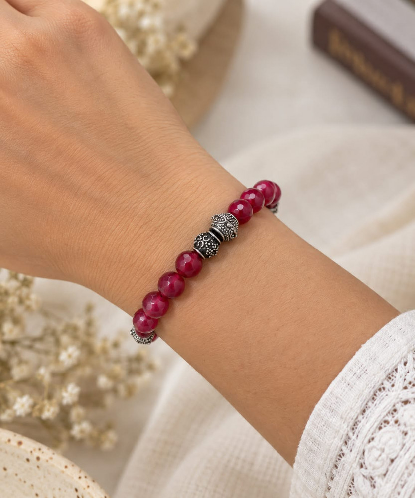 Image of Handcrafted Natural Ruby Red Faceted Round Beaded Bracelet with Antique Silver Accents