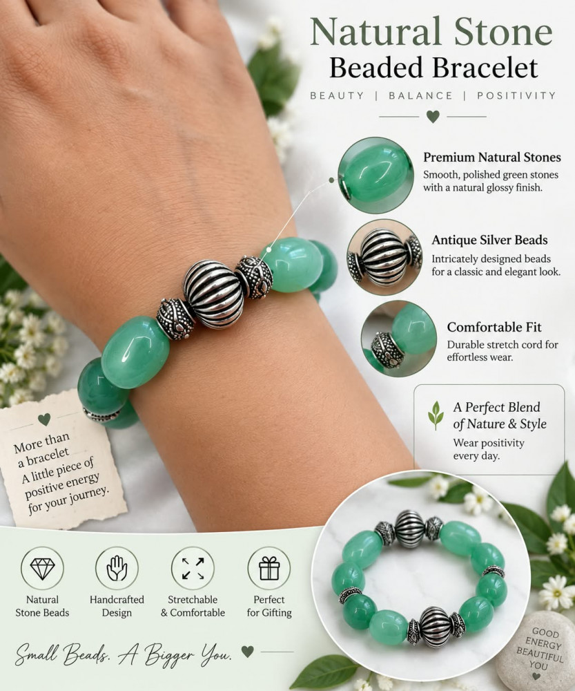 Image of Handcrafted Natural Green Jade Smooth Oval Beaded Bracelet with Antique Silver Accents