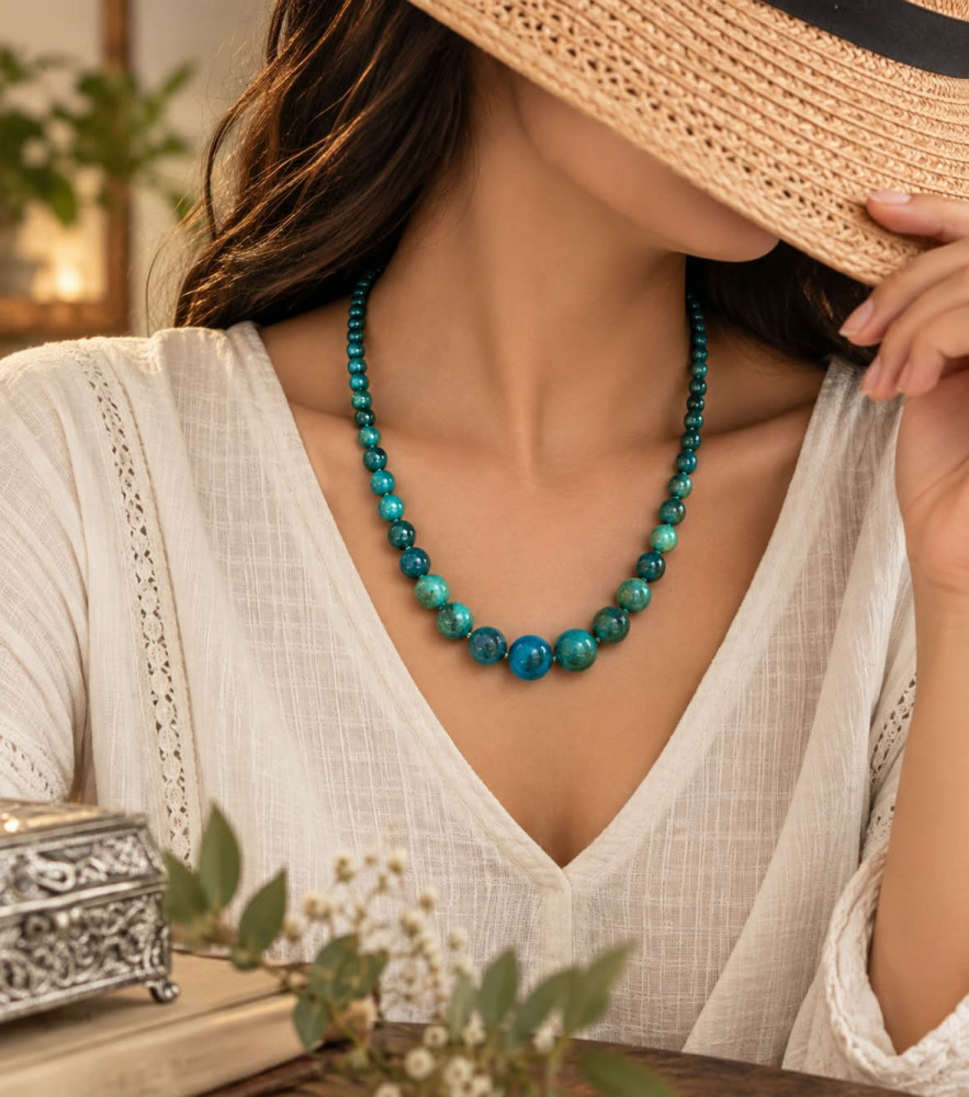 Image of Natural Green Stone Beaded Necklace – Graduated Stone Mala