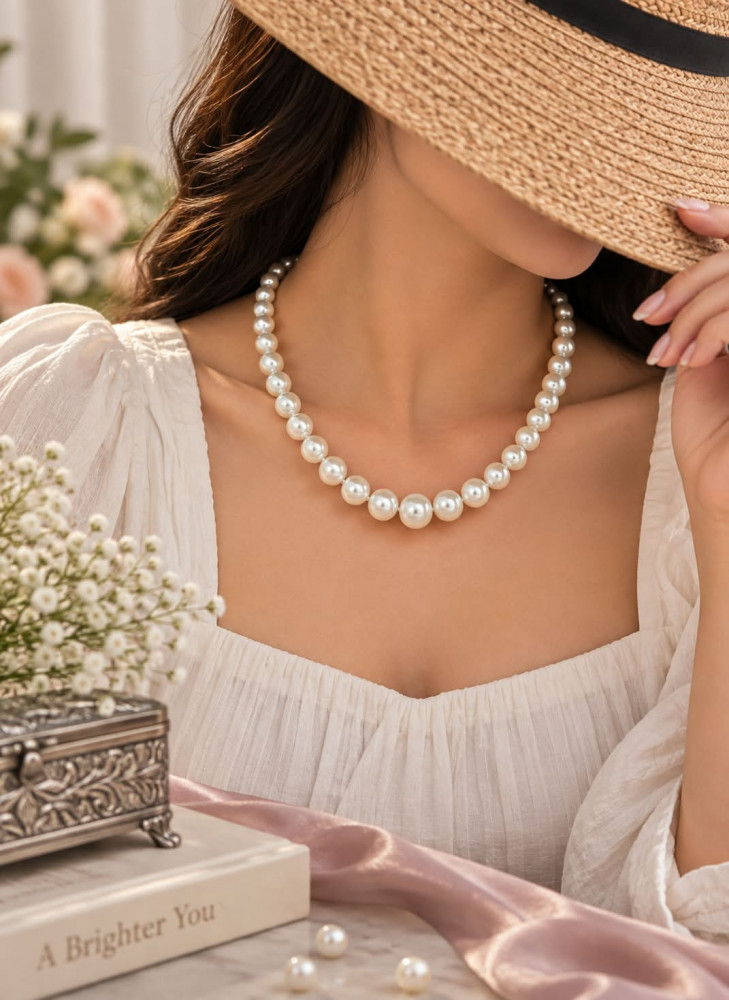Image of Elegant Single Layer White Pearl Necklace – Classic Round Pearl Mala for Women