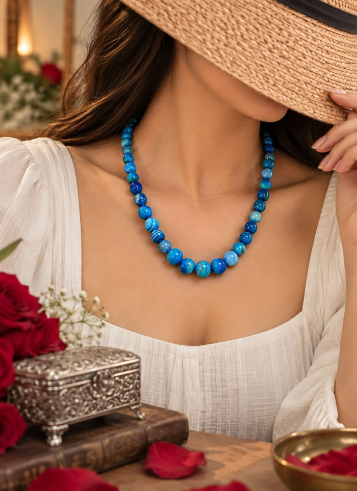 Image of Vibrant Ocean Blue Agate Beaded Statement Necklace – Handcrafted Natural stone Mala