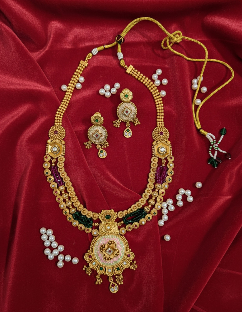 Image of Imperial Blossom: Traditional Multi-Strand Purple &amp; Green Beaded Temple Necklace Set