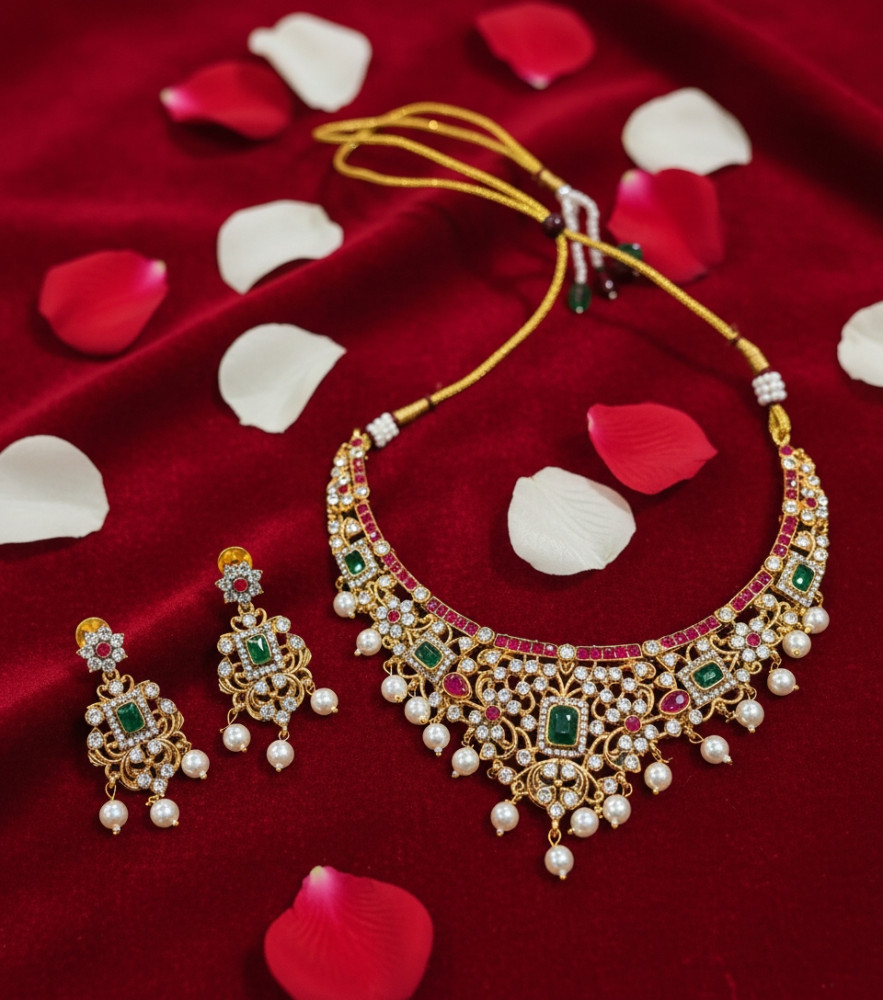 Image of Imperial Bridal: Antique Gold-Plated Jadau Kundan Necklace Set