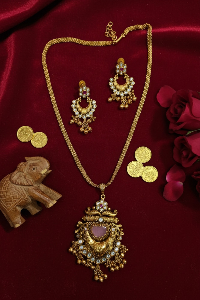 Image of Imperial Dokiya: Antique Gold-Plated Floral Necklace Set with Jhumka Dangles