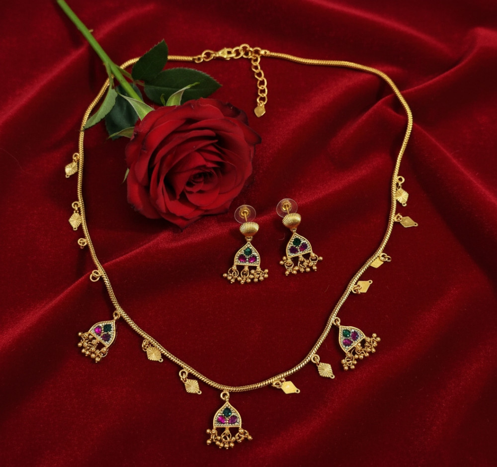 Image of Imperial Dokiya: Gold-Plated Traditional Necklace with Jhumka &amp; Leaf Charms