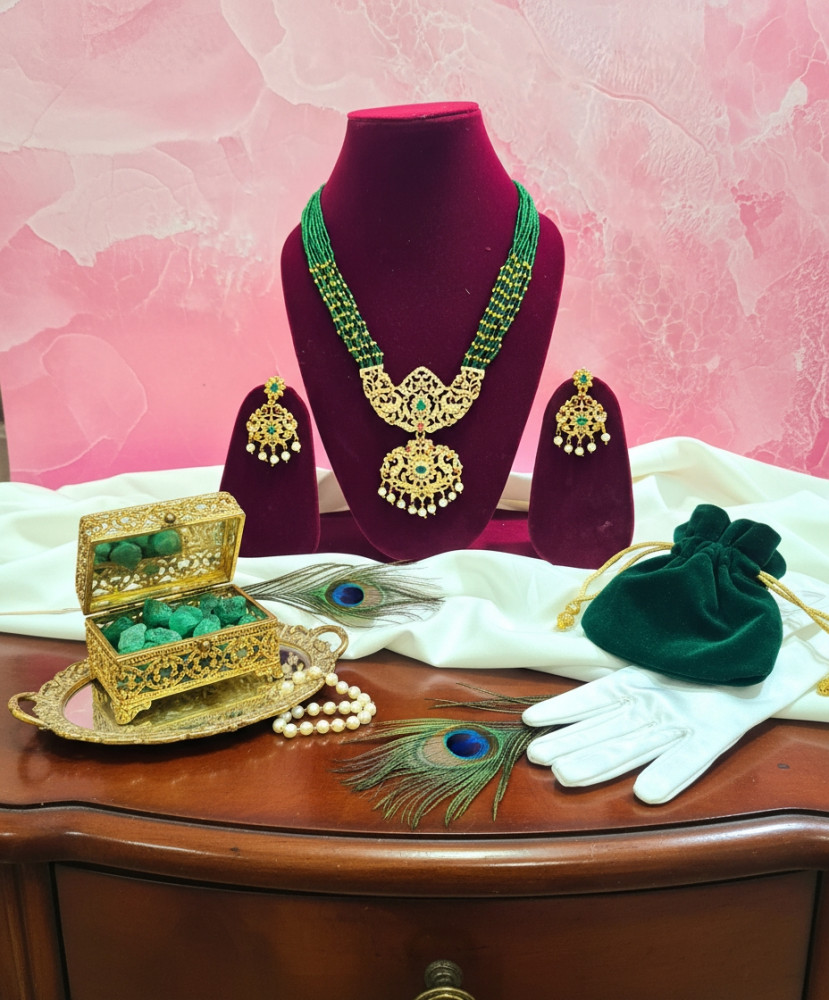 Image of Imperial Lakshmi: Antique Gold-Plated Long Haram with Green Bead Strands