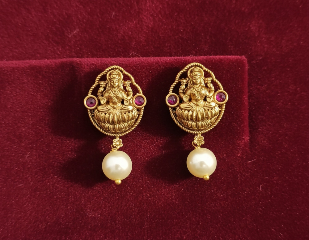 Image of Imperial Lakshmi: Antique Temple Gold Studs with South Sea Pearl Drops