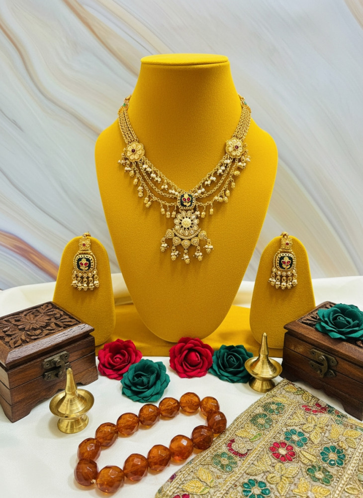 Image of Imperial Temple Bloom: Antique Matte Gold Plated Floral Necklace Set