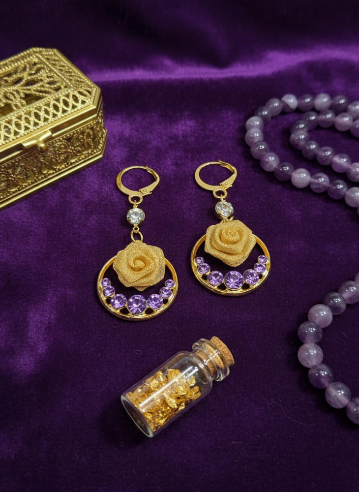 Image of Lavender Rose: Amethyst Crystal &amp; Golden Bloom Hoop Earrings