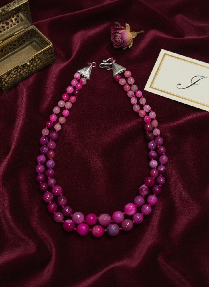 Image of Magenta Double Strand Beaded Statement Necklace – Vibrant Pink Stone Mala