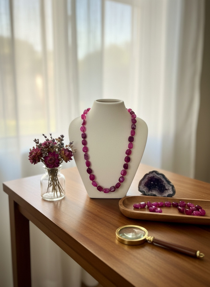 Image of Magenta Pink Agate Beaded Statement Necklace – Single Strand Natural Stone Mala