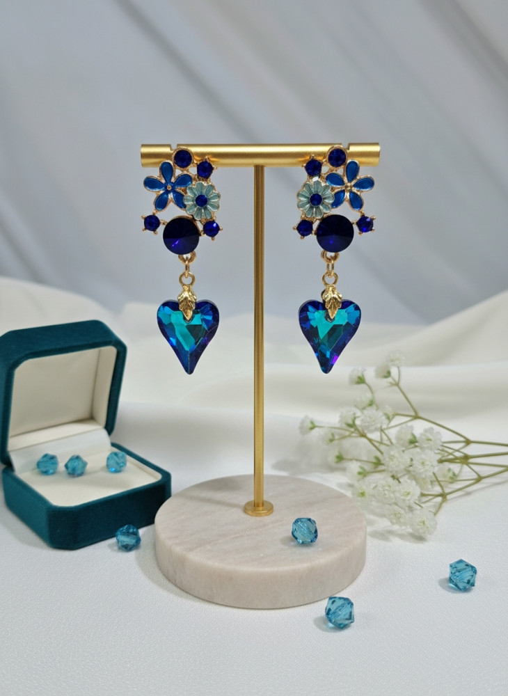 Image of Midnight Bloom: Sapphire Blue Floral &amp; Teardrop Crystal Earrings